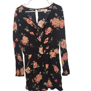 Rewind Black & Orange Floral Tie-Front Long Sleeve Romper
